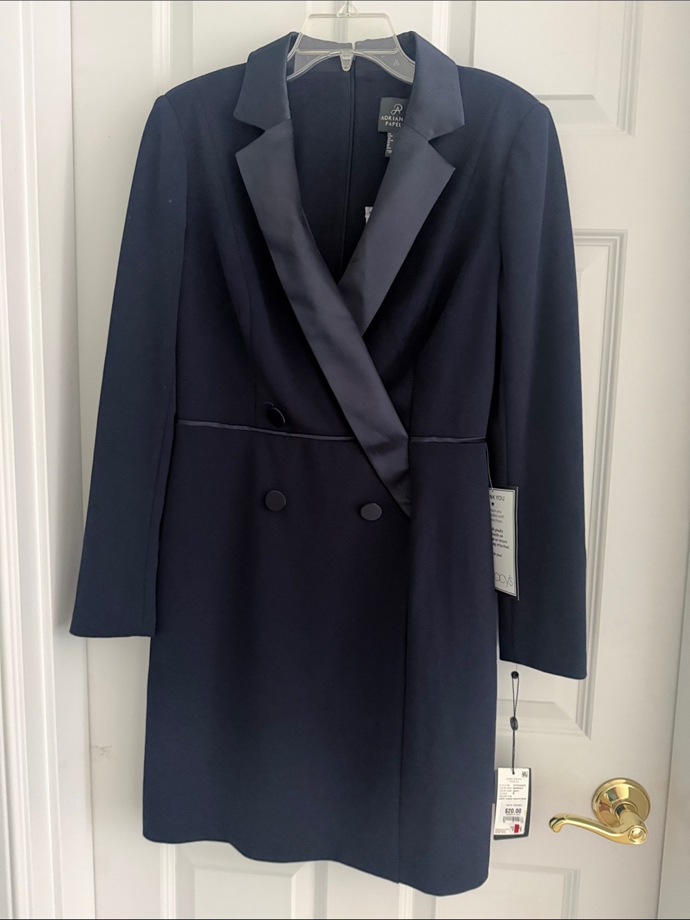 NWT Adrianna Papell Satin Lapel Navy Long Sleeve Double-Breasted Dress